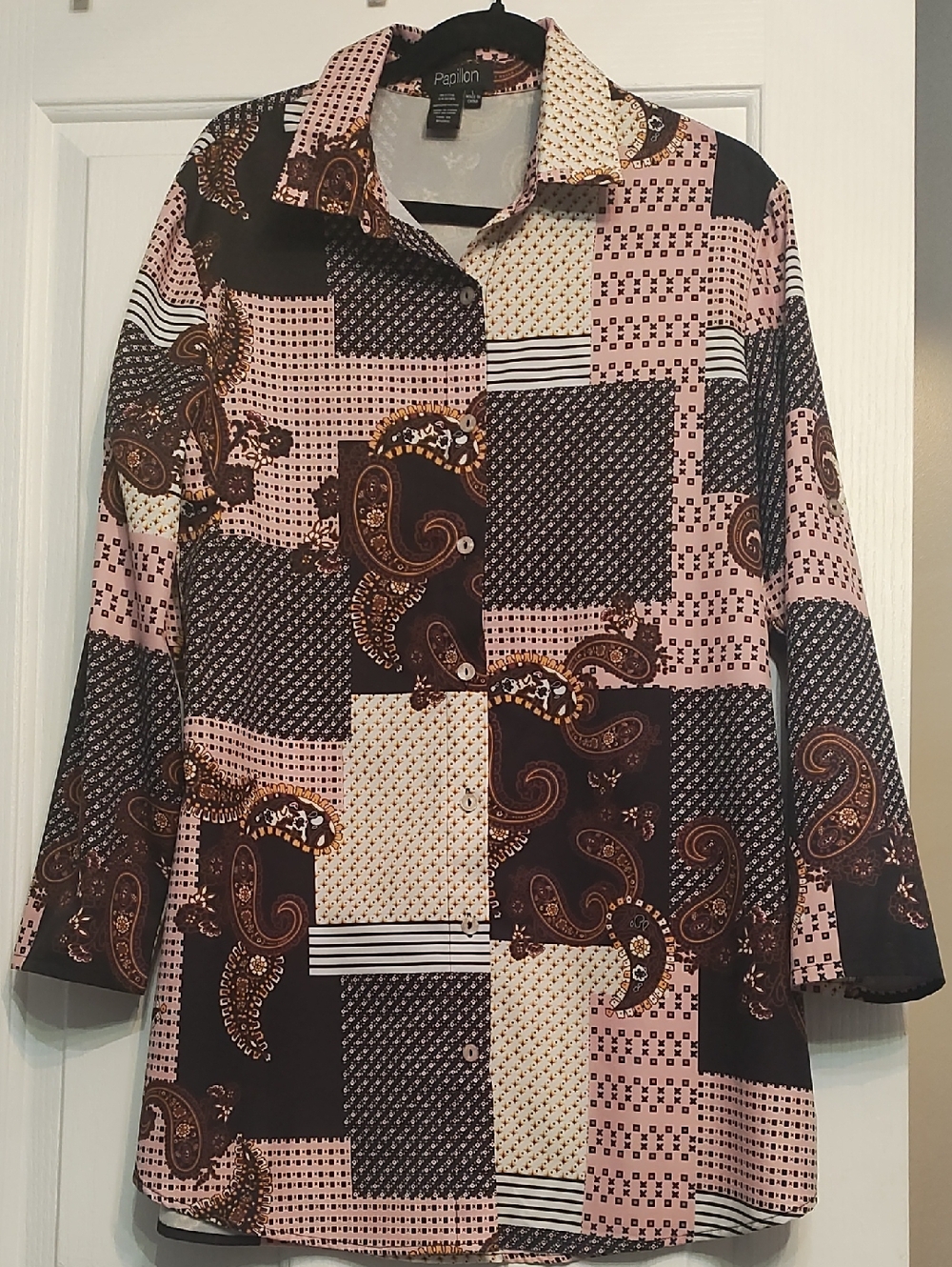 Papillon Blanc Pink & Brown Patchwork Paisley Button-Down Shirt/Dress